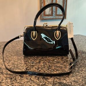 Le Miel vegan Black Structured Satchel with Gold and Crystal Hardware NWT